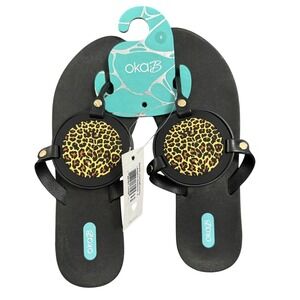 NWT Oka B Solara Leopard Metallic Icon Flip Flops Sandals Black Womens Size 9
